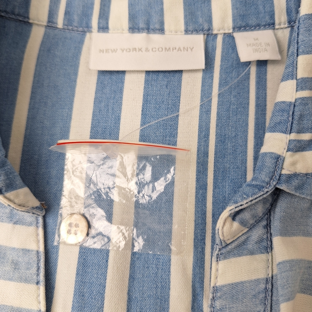 New York & Company Blue White Stripe Button‎ Up Shirt - Picture 9 of 15
